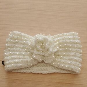 Elegant White Knit Headband with Pearls